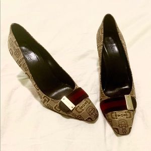 gucci canvas horsebit heels